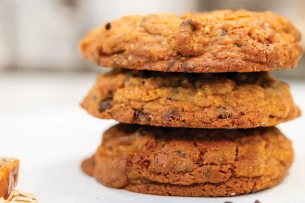 Stack of three delicious chocolate chip cookies.